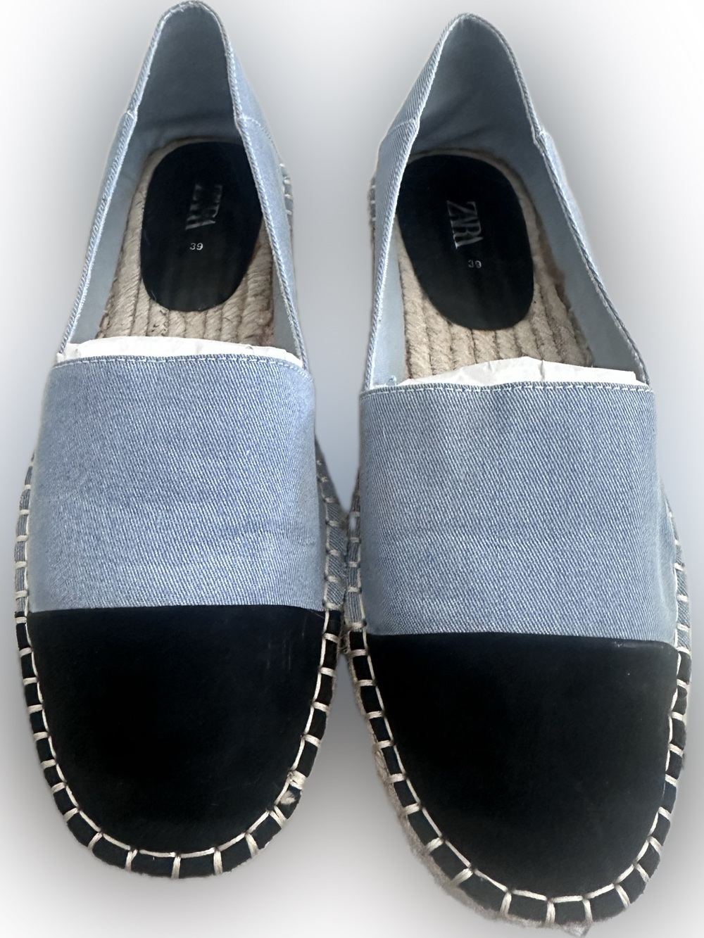 Zara Light Blue Canvas and Black Cap-Toe Slip-On Espadrilles